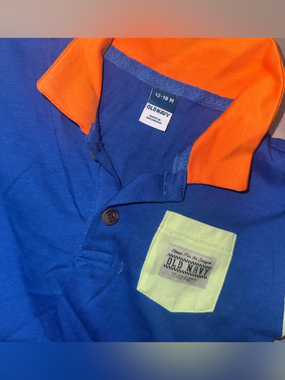 Old Navy Blue Polo with Orange Collar and Lime Pocket